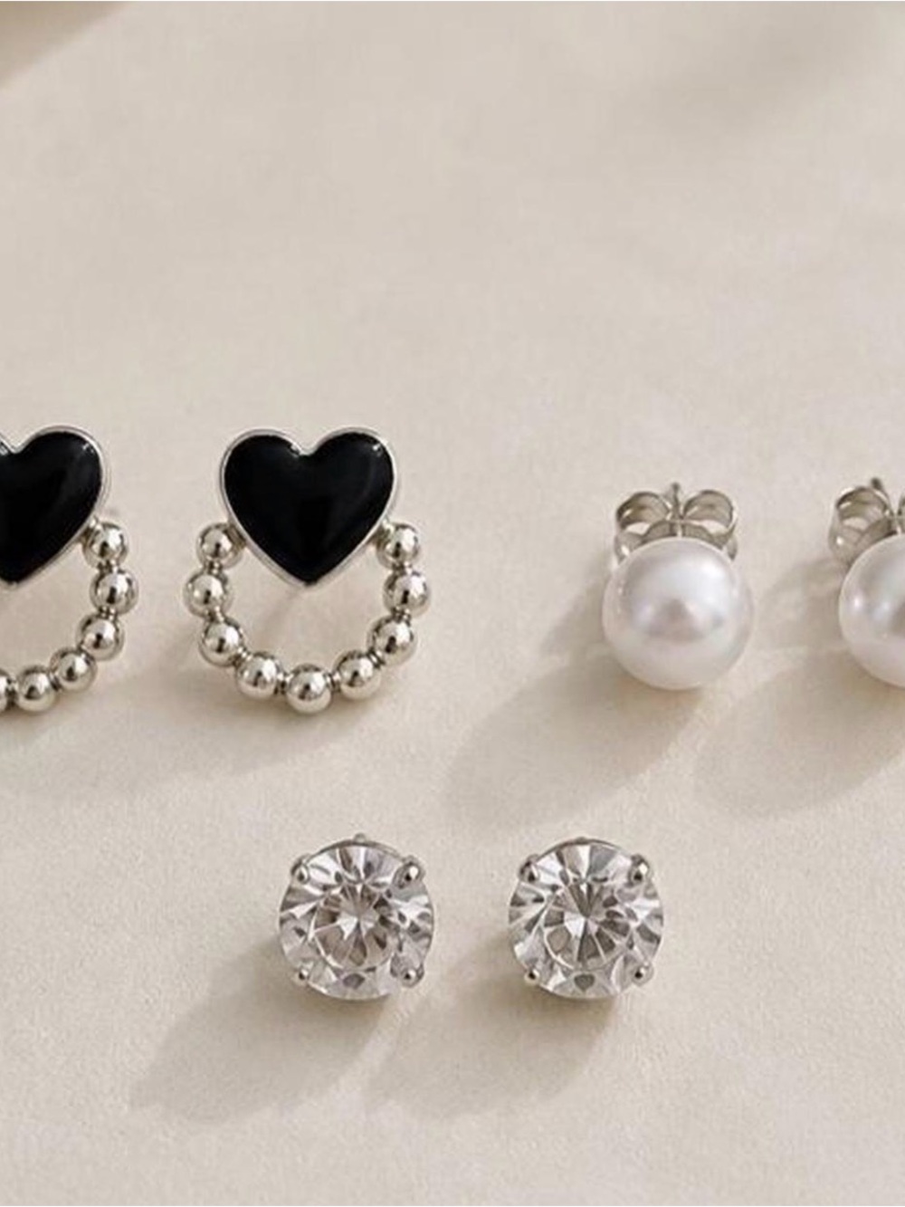 Silver Pearl, Crystal & Black Heart Stud Earring Set - Women Jewelry